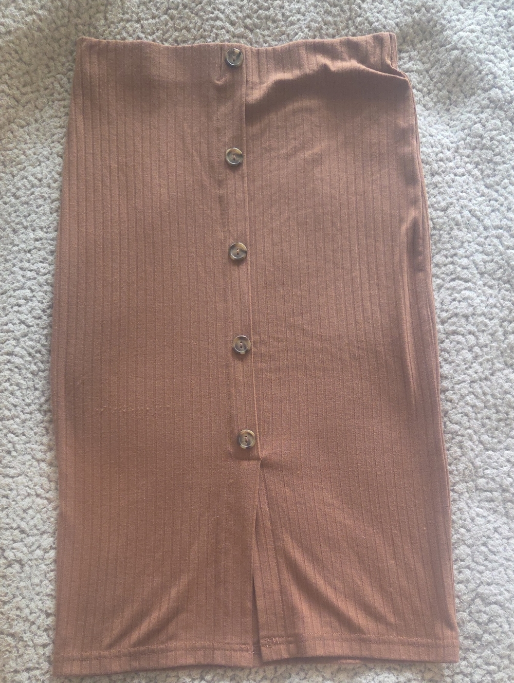 Rust Ribbed Knit Button-Front Midi Skirt